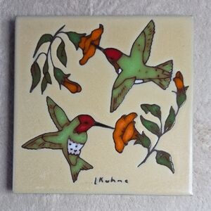 Earthtones Art Tile Hummingbirds Coaster, Trivet, or Hung as Wall Art. 